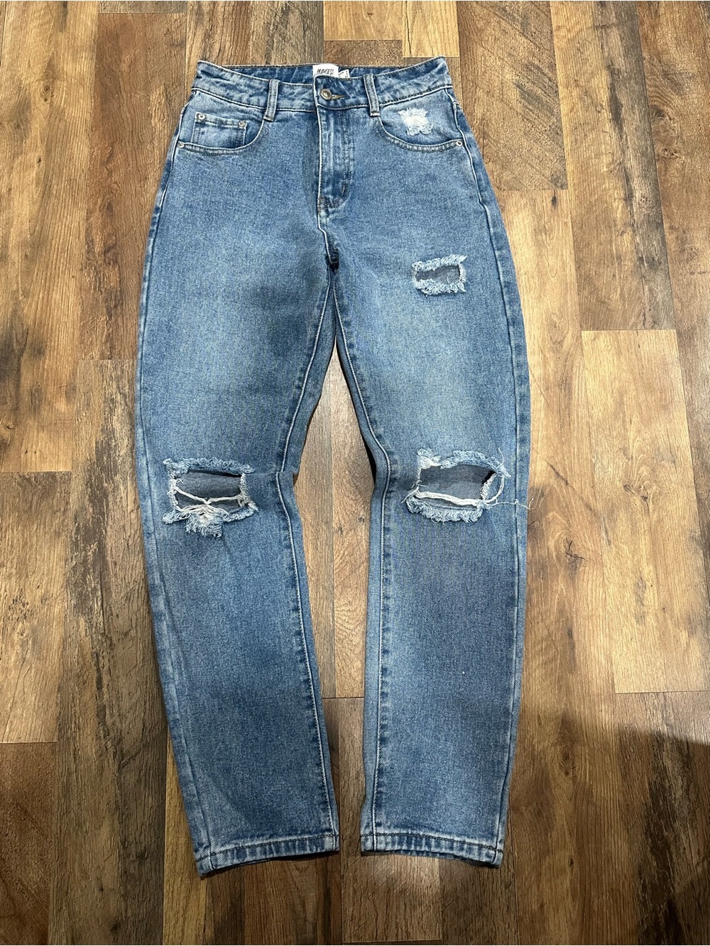 Princess Polly Boyfriend Jeans in Medium Blue with Knee Rips